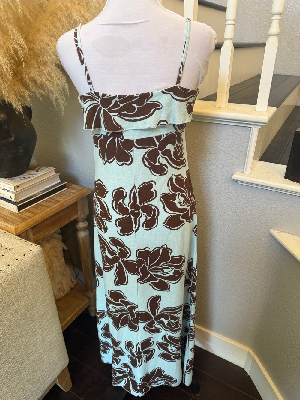 Anthropologie Paper Heart Blue Brown Linen Blend Floral Maxi Dress Size XS - Picture 5 of 8